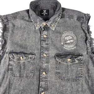 Vance Biker Wear Sleeveless Black Washed Men M Frayed Denim Button Down Shirt